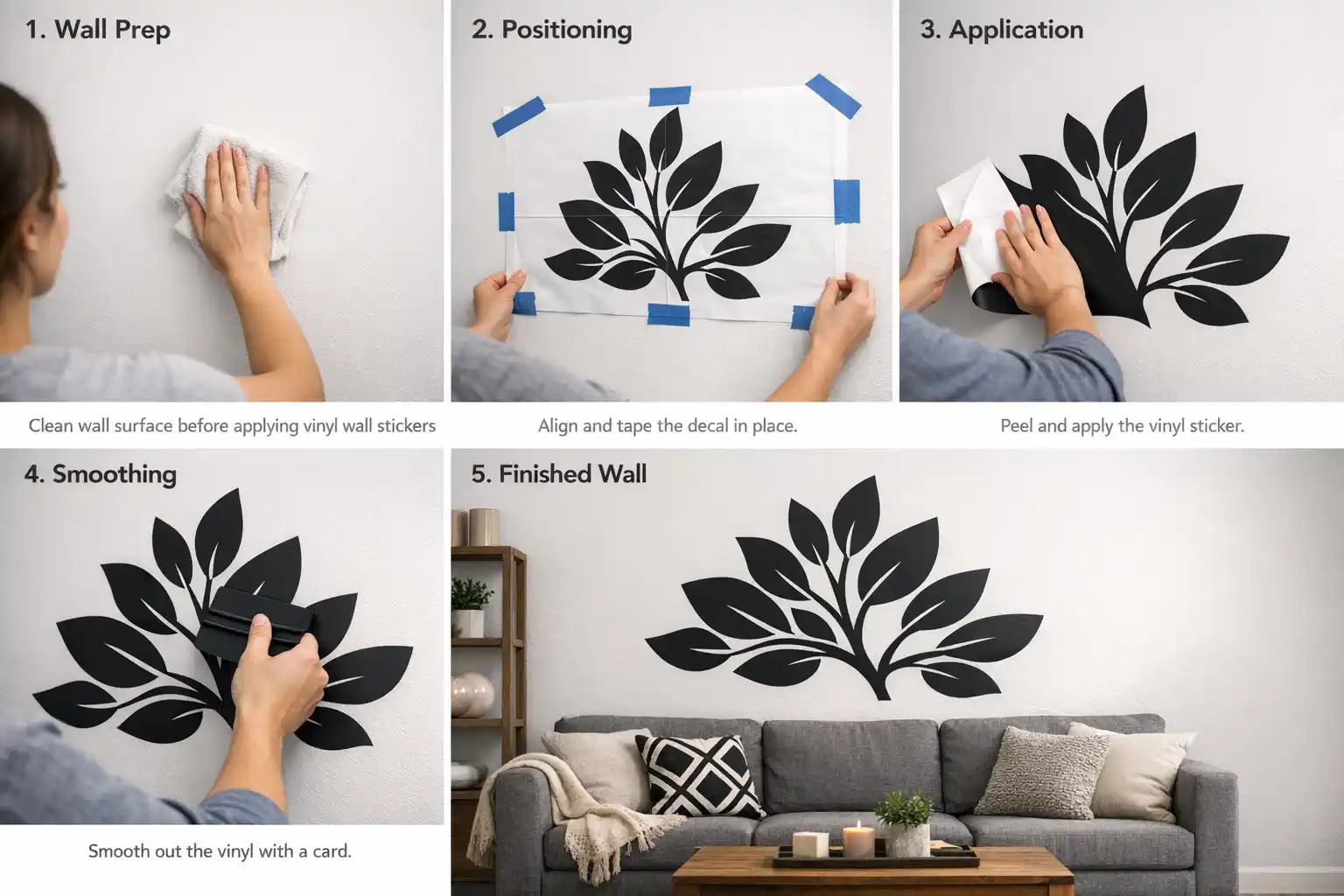 step by step vinyl wall sticker application process from wall prep to finished feature wall