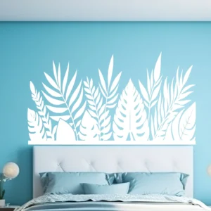 White Jungle Headboard Wall Sticker Above Bed on Blue Wall in Bright Modern Bedroom