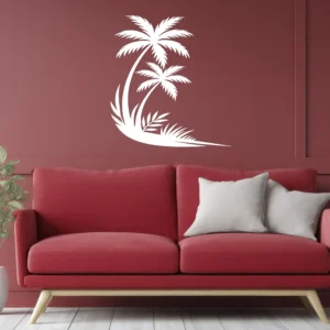 White Palm Corner Wall Sticker Above Red Sofa Adding a Minimal Tropical Accent to a Modern Living Room