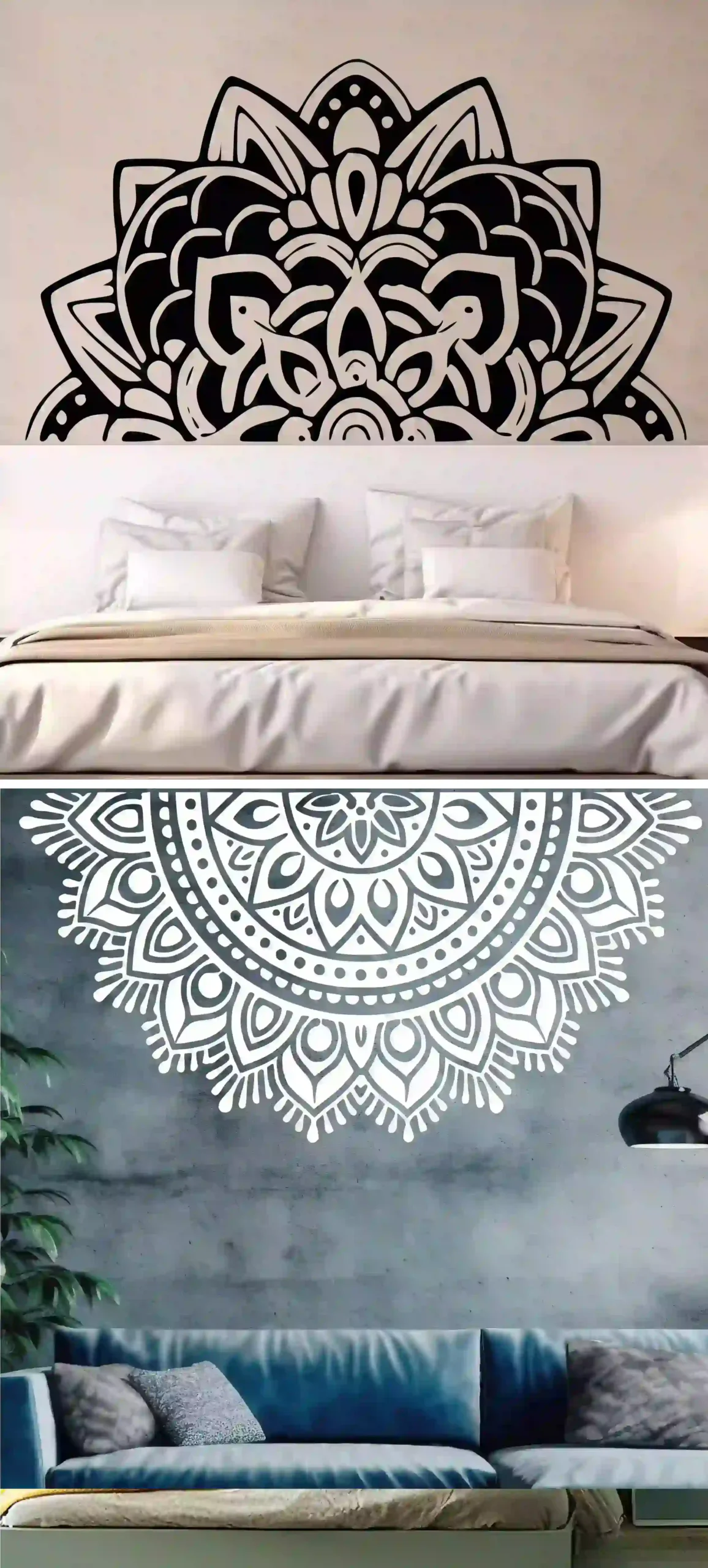 Vertical collage of mandala wall art: a black-and-white intricate design above a bed, a neatly made white bed, and a large white mandala on a gray wall.